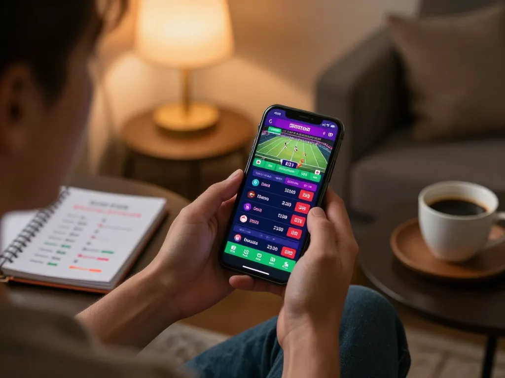 Kèo nhà cái hôm nay showcased on a smartphone sports app during a cozy betting session at home.