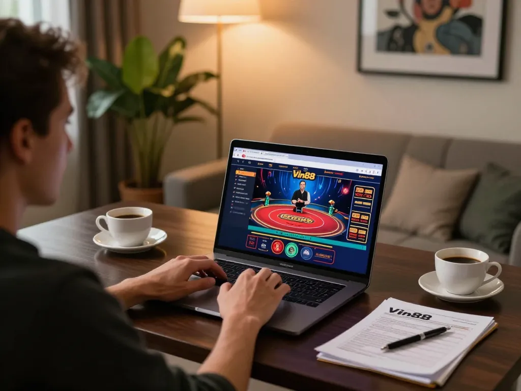 Engaging gaming scene showing the Link đăng ký Vin88 on a laptop with a cozy atmosphere