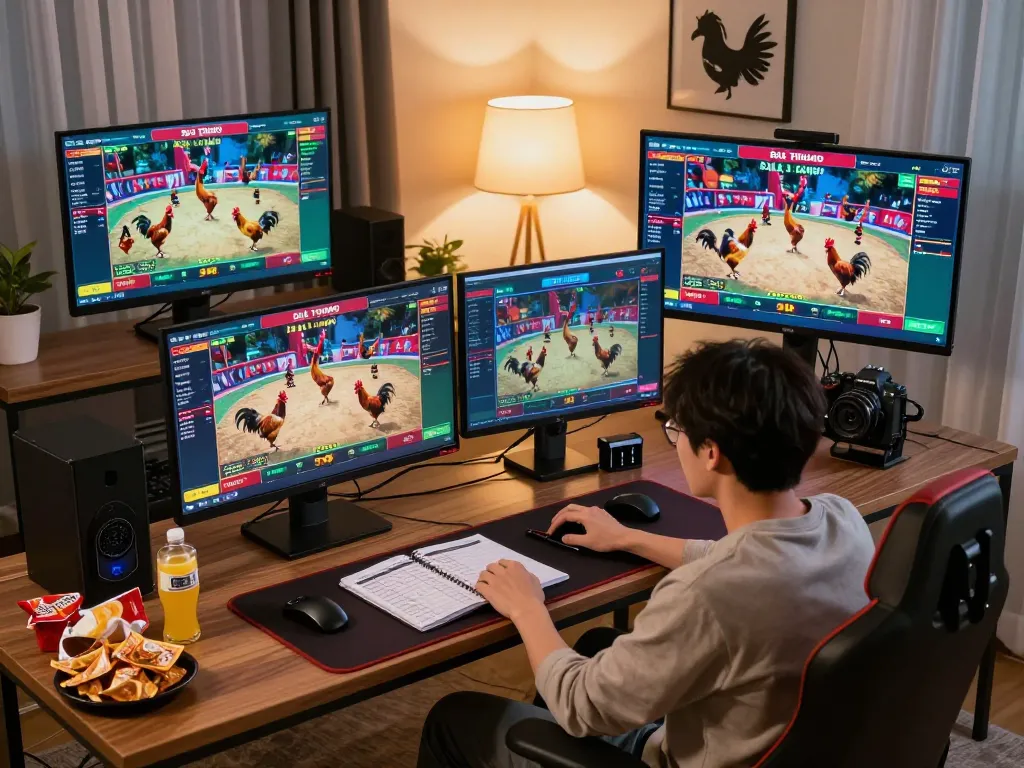Engaged player watching Đá gà thomo live stream on dual screens at home, highlighting online gambling excitement.
