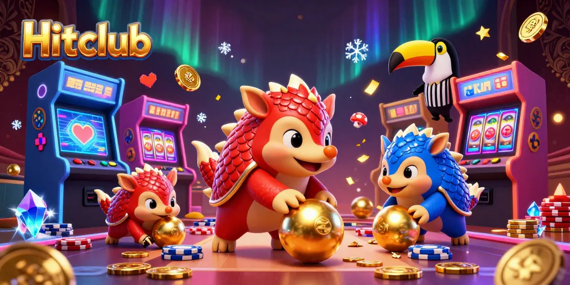 Hitclub’s lively gaming scene showcases rival pangolins interacting with dynamic slot games and casino elements.
