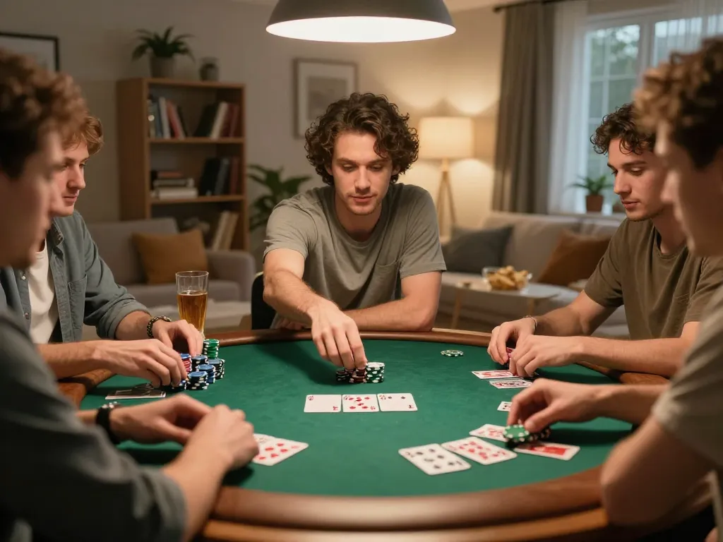Friends playing poker in cozy home setting, showcasing Fabet strategies in action.