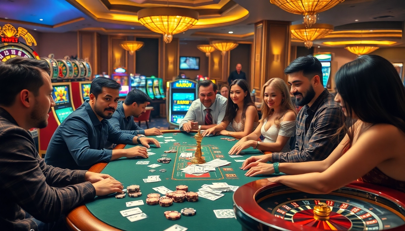Engage in the excitement of online gambling with GO99, featuring a vibrant casino scene of players at tables and slot machines.