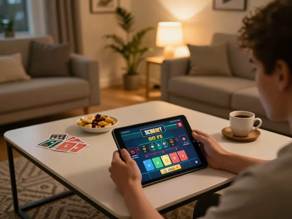 Engaging gameplay at SC88 BET with a player analyzing betting options on a tablet in a cozy home setting