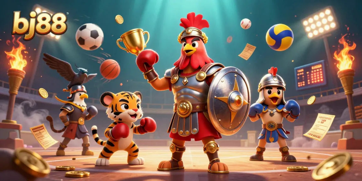 Experience thrilling moments at bj88 with a gladiator rooster and tiger cub in a dynamic sports betting arena.