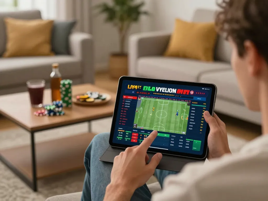Player placing bets on JUN88 platform with live game statistics on tablet in a cozy home setting