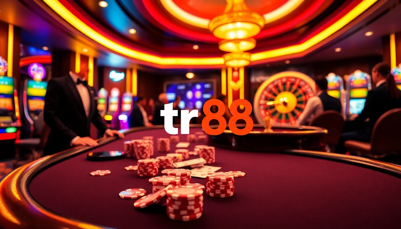 Players engaging in an exciting poker game at tr88's upscale casino table, showcasing vibrant chips and cards.