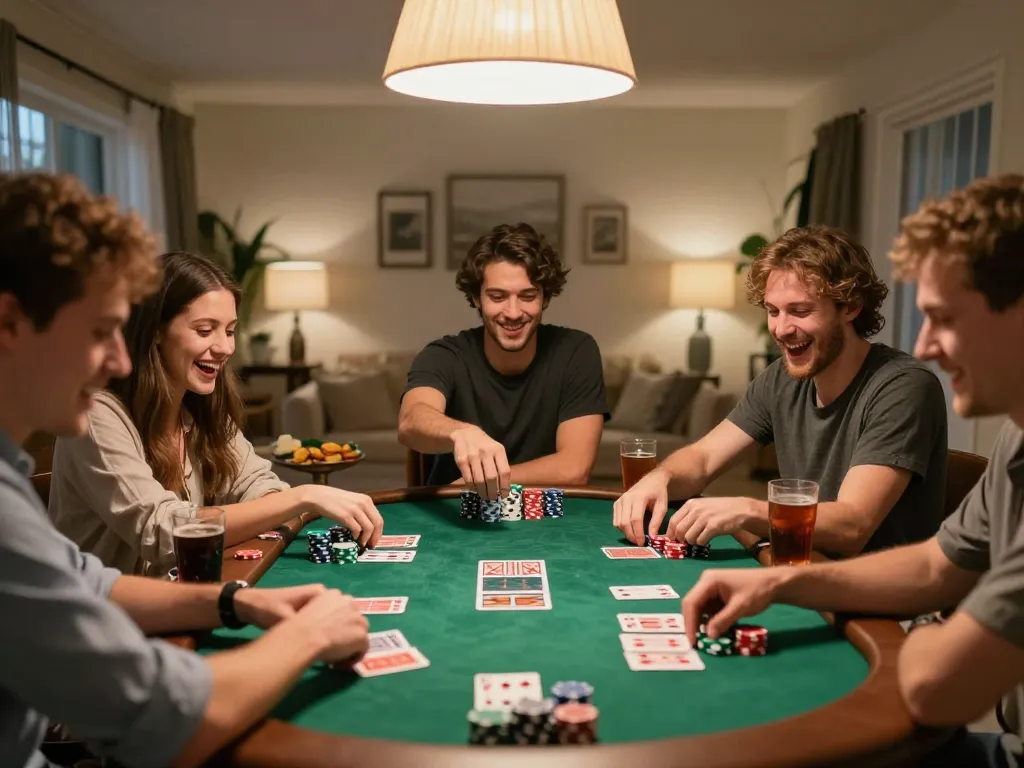 Friends enjoying a poker night with cm88 strategy cards laid out on the table, highlighting joyful gaming atmosphere