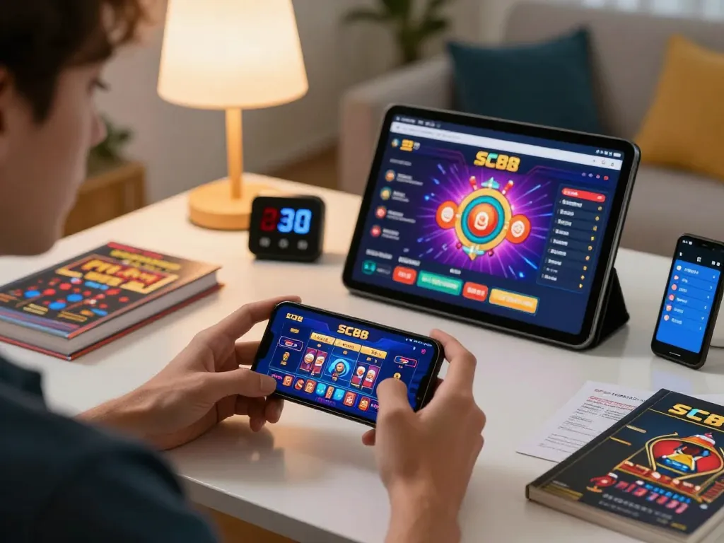 Player using SC88 app for online casino gaming from a stylish home setup, showcasing responsible gaming practices.