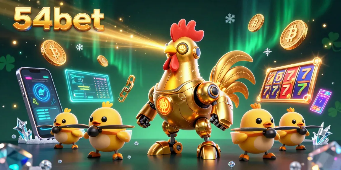Experience thrilling gaming with the dynamic 54bet scene featuring a golden rooster robot amidst vibrant slot reels.