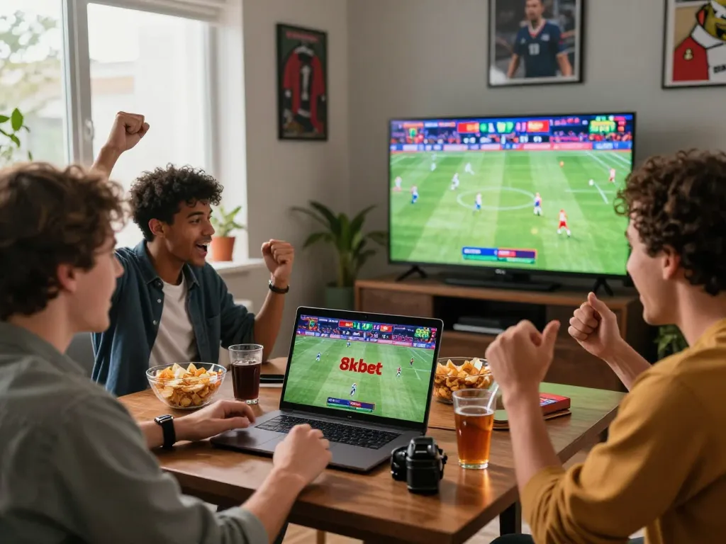 Friends enjoying sports betting on 8kbet, lively atmosphere with snacks and excitement.