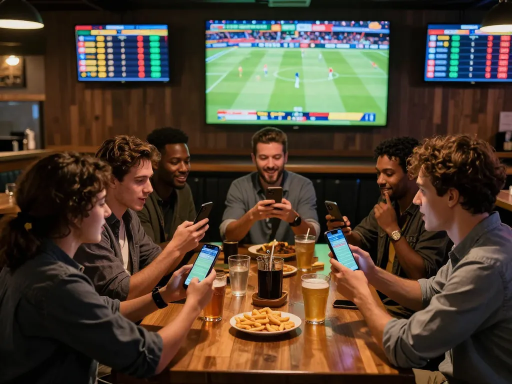 Friends celebrating sports betting excitement with Fly88 app in a lively sports bar, watching live games.
