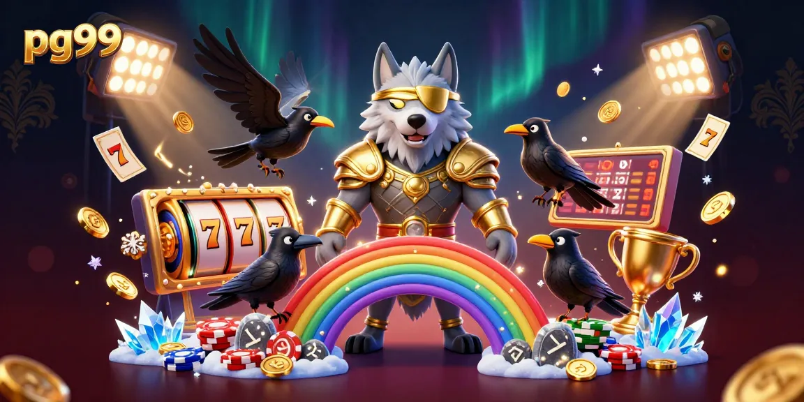 Experience dynamic gameplay at pg99 with a vibrant casino scene showcasing Odin and ravens amongst glowing slot elements.