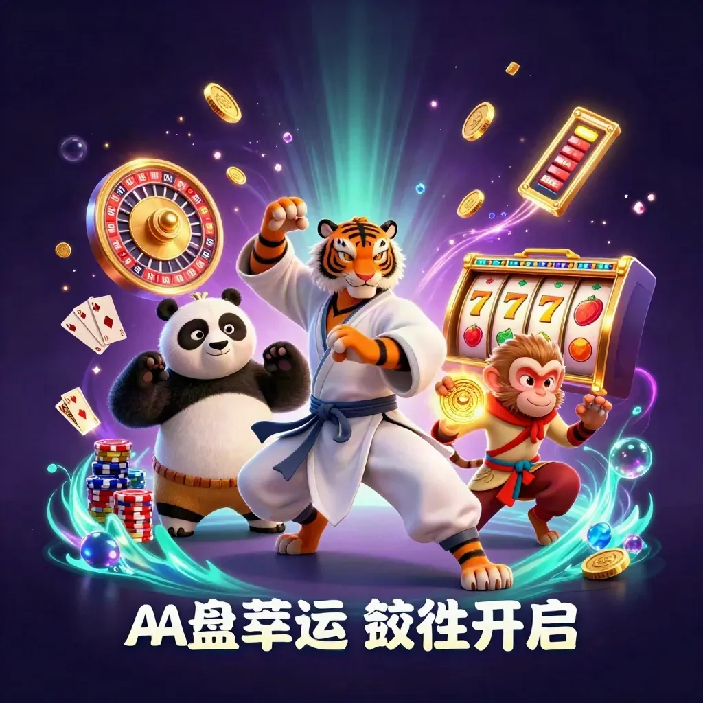 Kung-fu tiger, panda, and monkey amid gold coins, roulette, cards, chips, and neon casino magic.