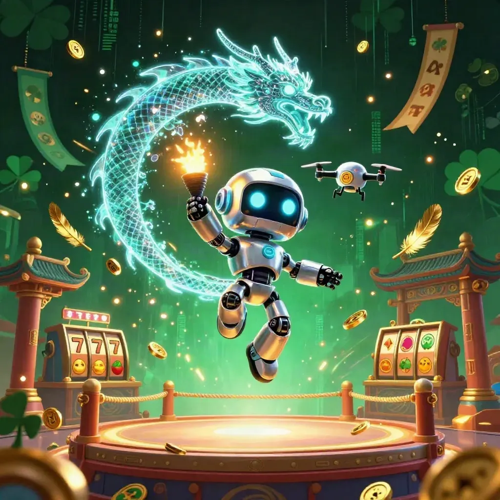 Chrome robot, holographic dragon and coin drone in a neon casino temple explosion.