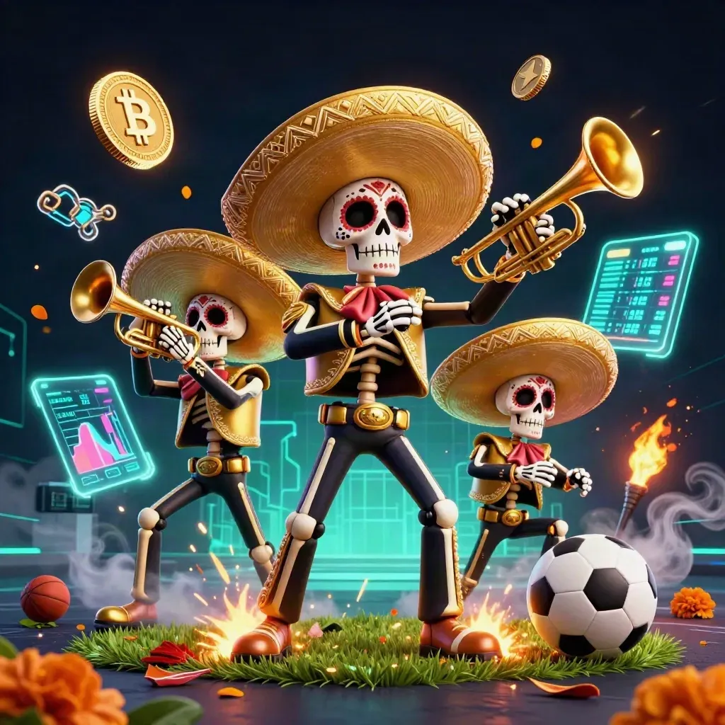 Skeleton mariachi trio with neon coins, soccer ball, basketball, and casino effects.