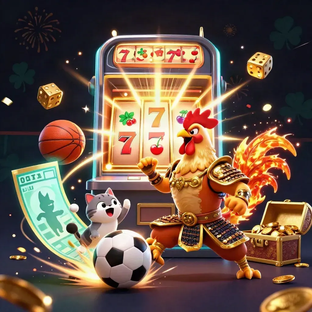 Rooster warrior, dragon hatchling, and fortune-cat amid jackpot slot burst and flying sports props.