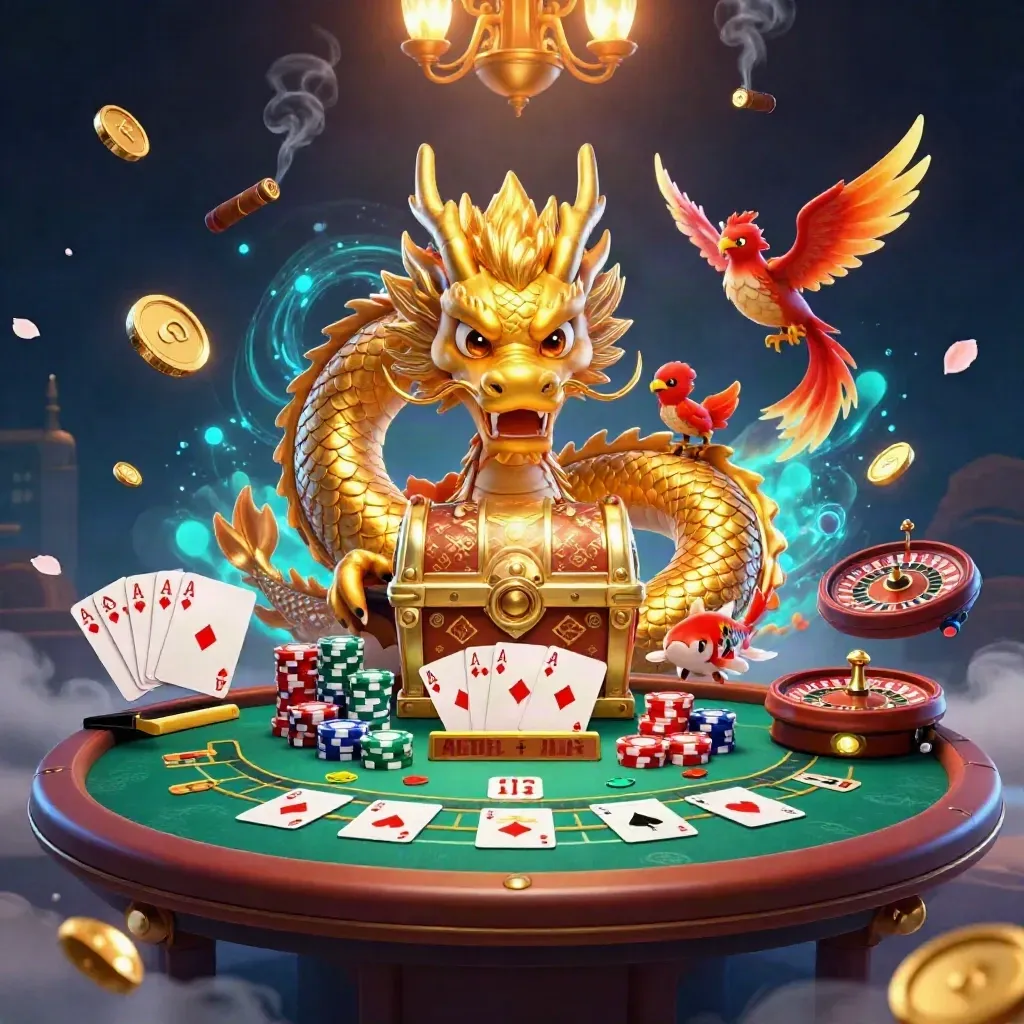 Golden dragon, phoenix, koi, and casino props in a premium neon jackpot scene.
