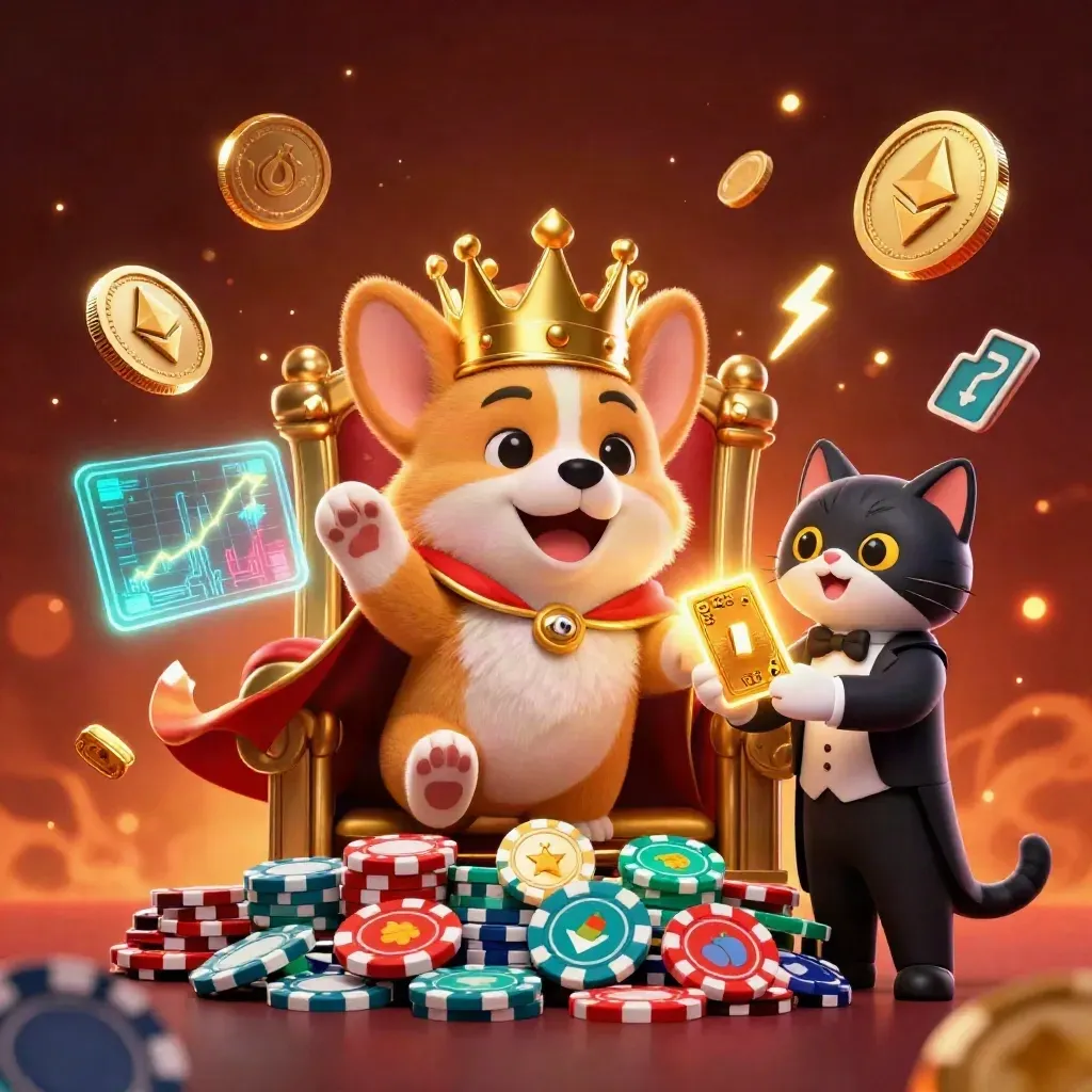 Royal corgi and cat butler with crypto casino effects on a glowing throne