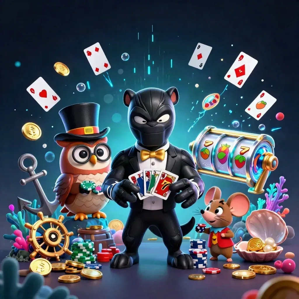 Panther, owl and mouse amid treasure, coral, cards, chips and teal neon undersea casino glow