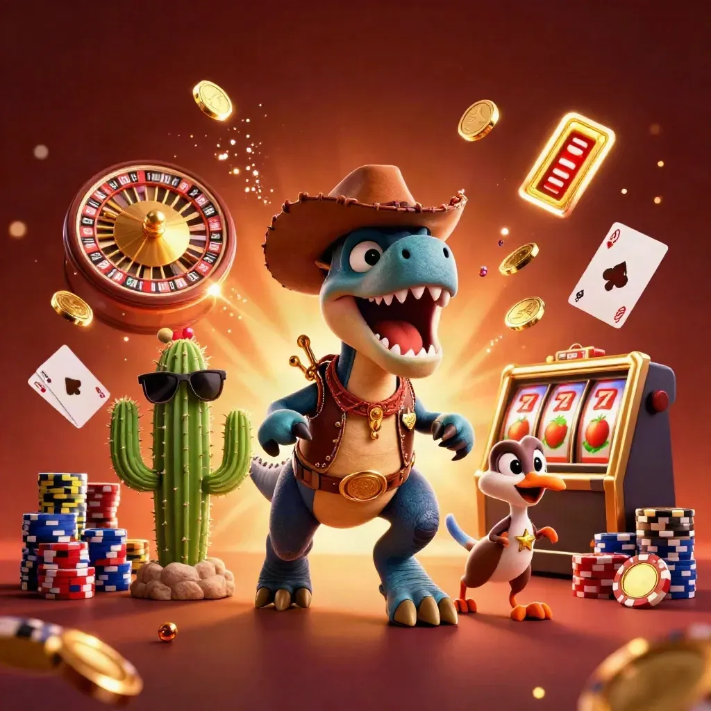 Cowboy T-Rex, cactus sidekick, and roadrunner blast through gold coins in a casino glow.