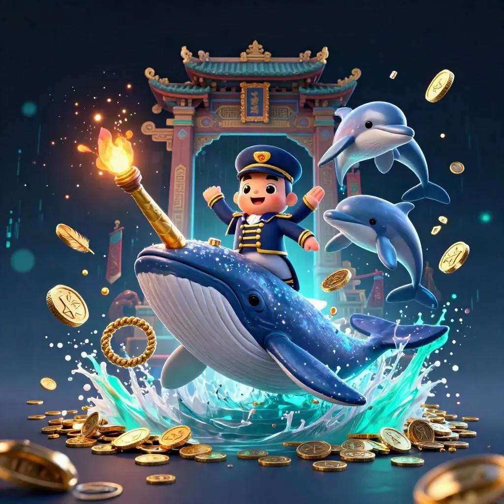 Whale captain, narwhal, and dolphins burst through coins in neon casino key art.