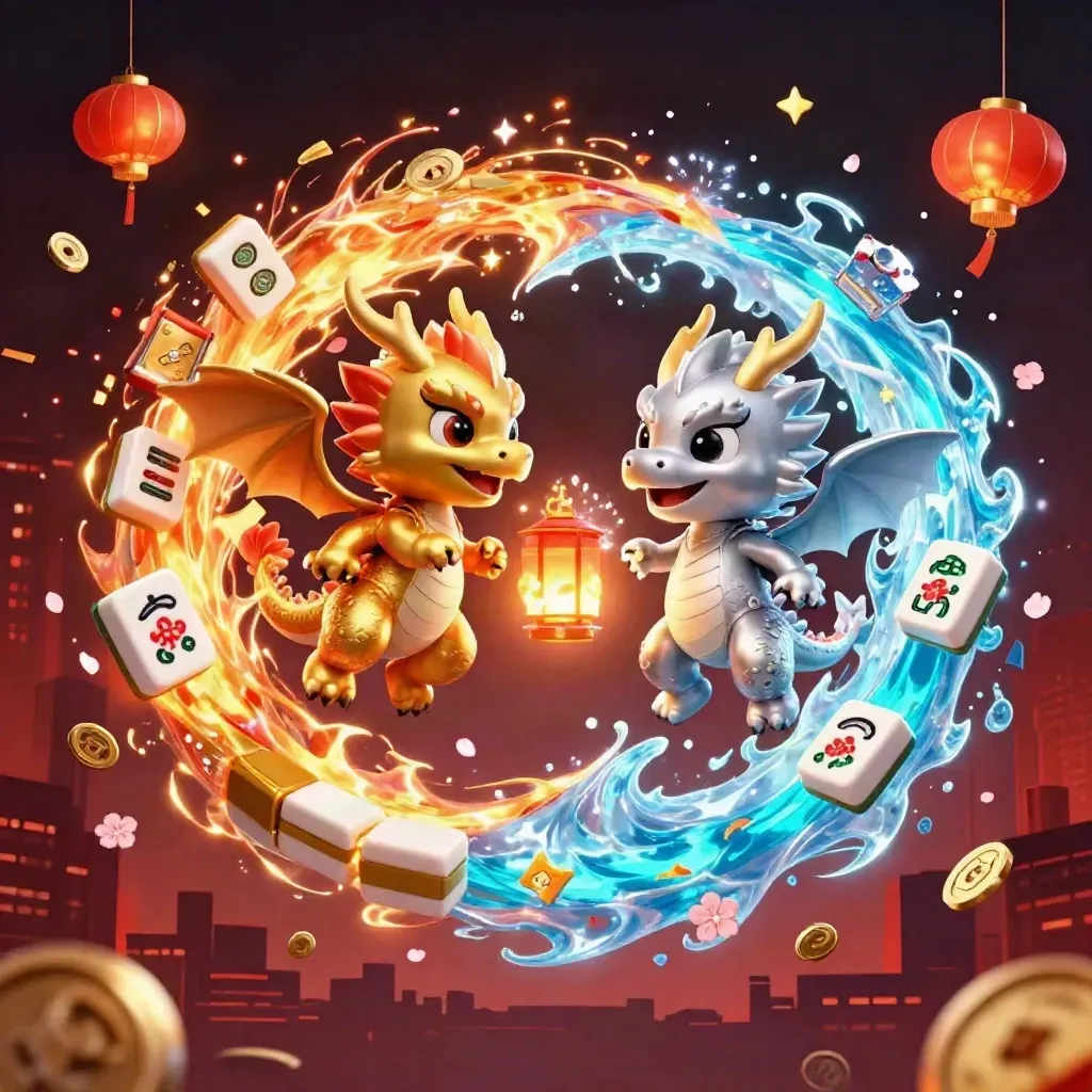 Twin gold and silver dragons with lantern spirit, coins, fireworks, and casino symbols in a neon burst.