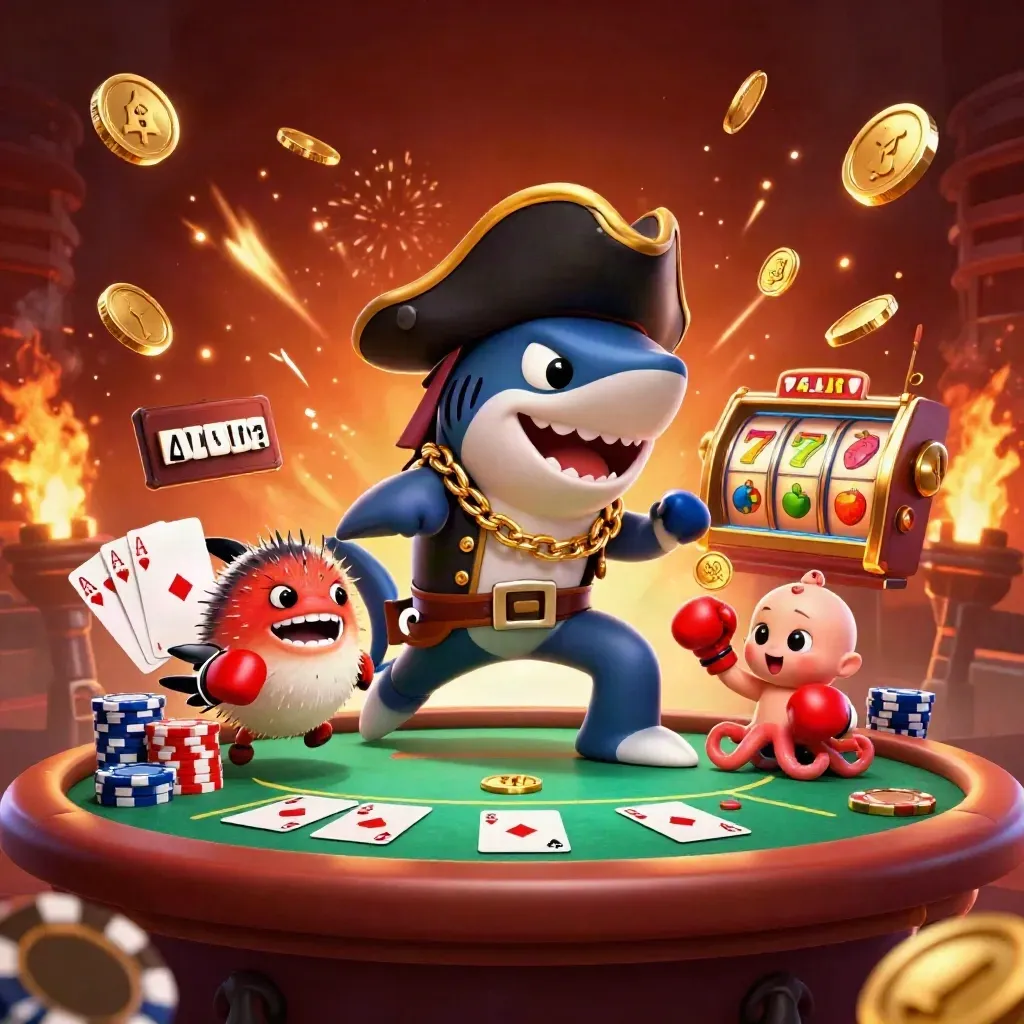 Shark pirate, pufferfish boxer, and baby octopus amid casino coins and slot symbols.