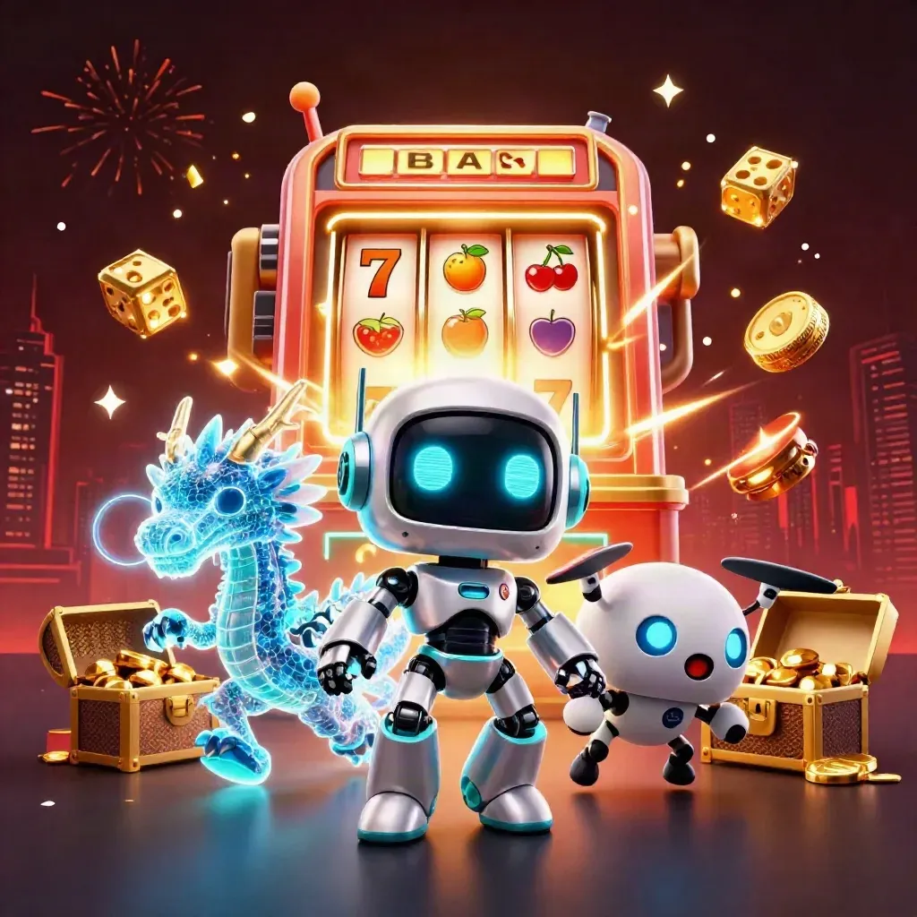 Cyberpunk robot, holo dragon and coin drone burst from a jackpot slot with coins and sparks.
