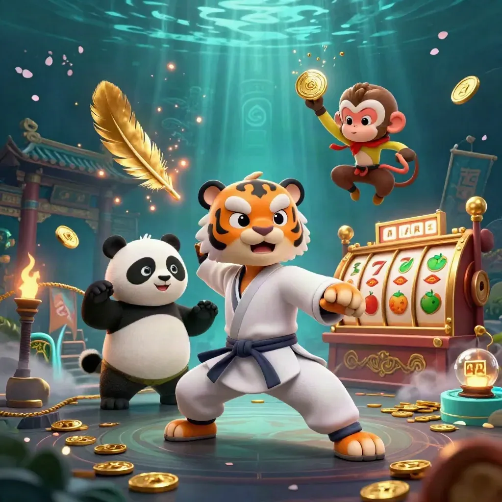 Kung-fu tiger, panda, and monkey amid gold coins, reels, and teal casino magic.