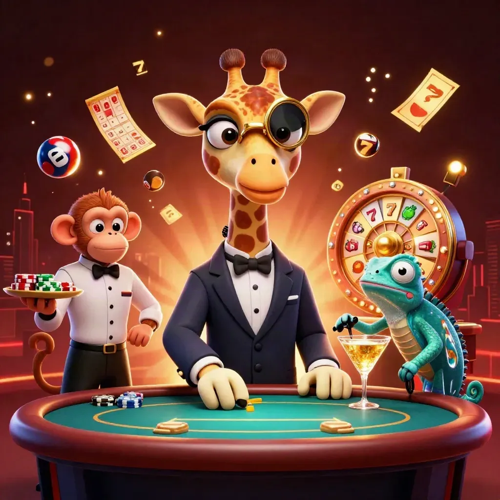 Giraffe, monkey valet, and chameleon bartender amid casino jackpots and golden lights