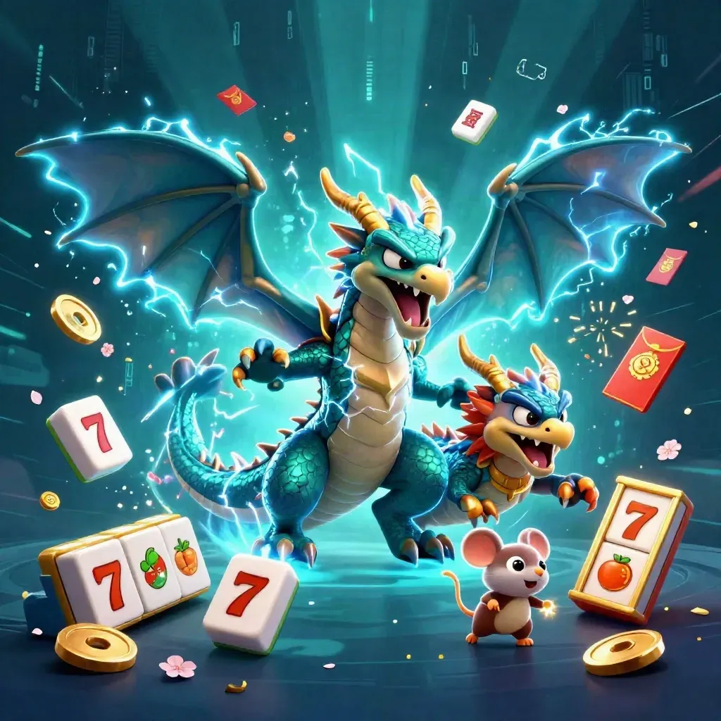 Thunder dragon, wind hawk, and static mouse amid neon casino symbols in teal and gold.