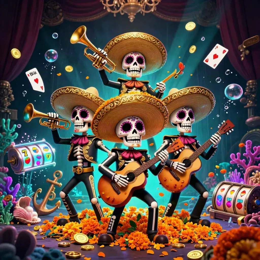 Three sugar-skull mariachi skeletons amid jackpot reels, gold coins, teal bubbles, and casino glow.