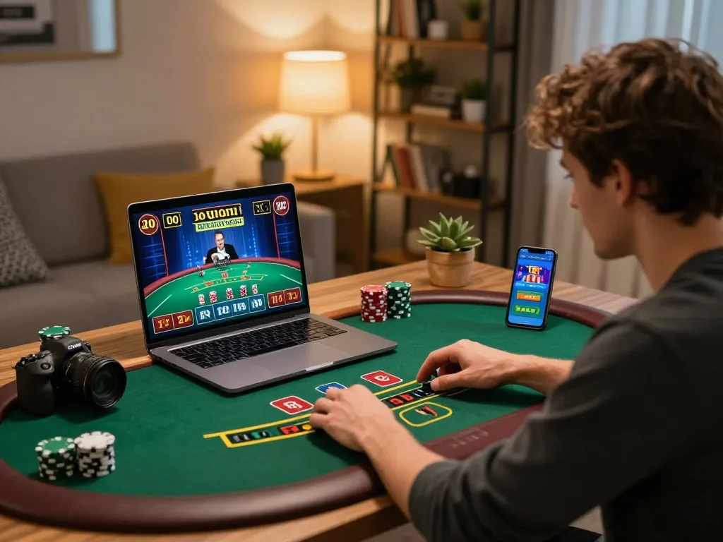 Player engaging in lucky88 online casino action, placing bets on live dealer game interface while enjoying home comfort.