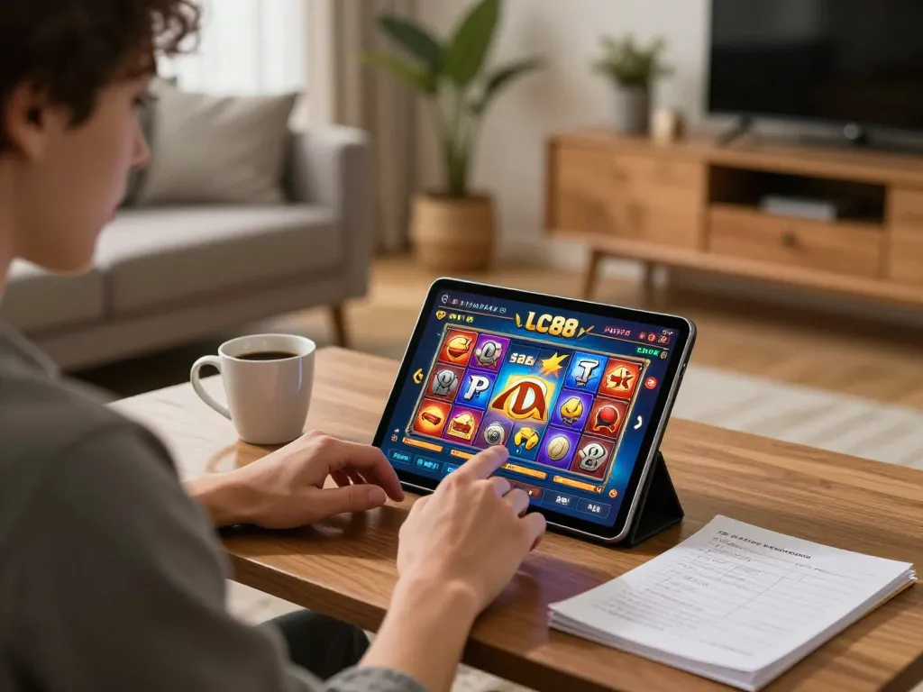 Engaging in online gaming at LC88, a focused player enjoys a vibrant casino experience at home.