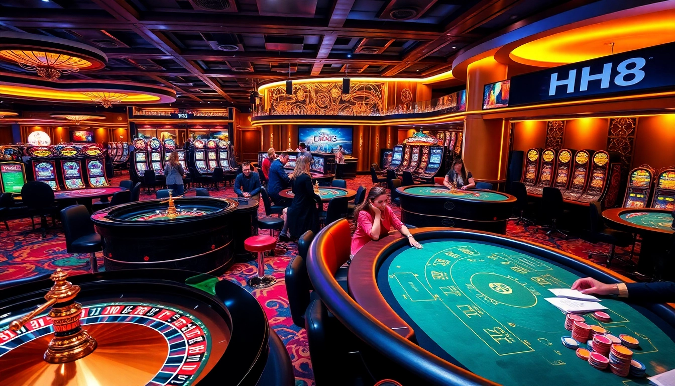Players enjoying a thrilling game at HZ88 casino tables with vibrant atmosphere.