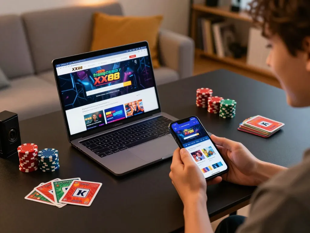 Person exploring trang chủ XX88 on a laptop in a cozy gaming setup, showcasing online betting excitement.