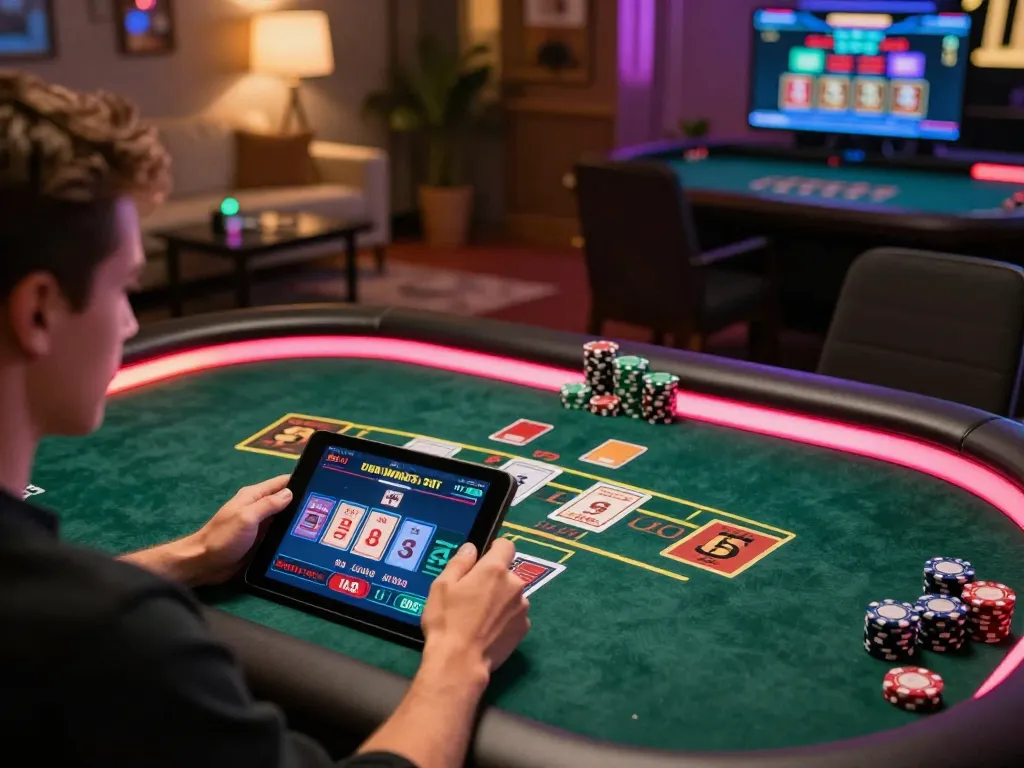 llwin Download for online casino gaming, player engaging with live dealer blackjack on tablet, cozy home atmosphere