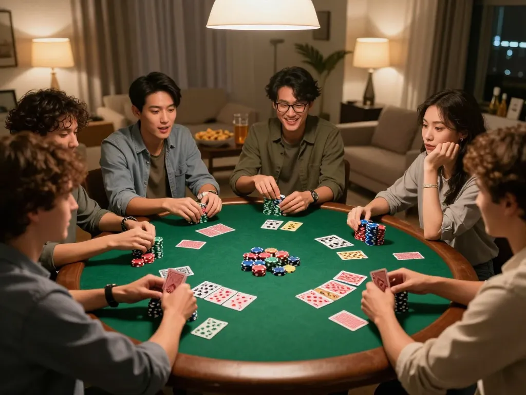 Join friends in a home poker game, showcasing strategy and excitement at 789WIN.