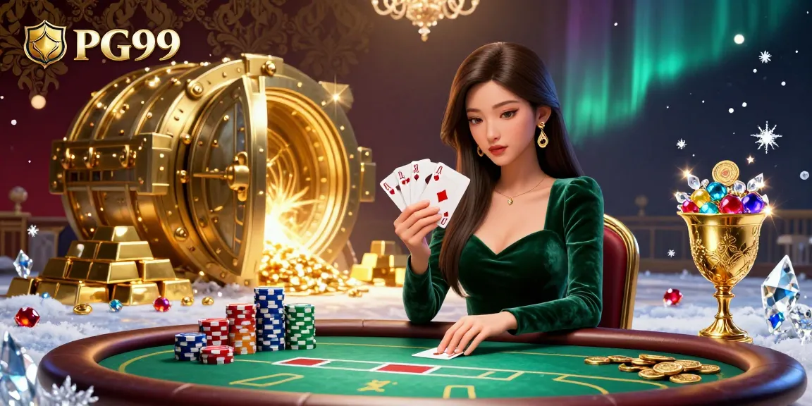 Win at PG99 with a focused poker player surrounded by dazzling gold riches and treasure.