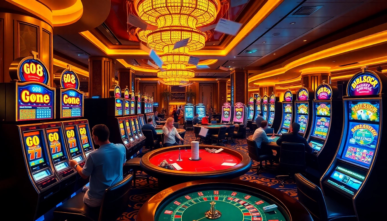 Exciting Go8 casino action with vibrant slots and eager players enjoying table games.