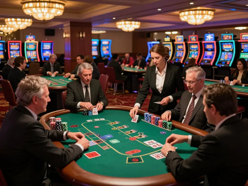 Players enjoying blackjack at 23win168 casino, vibrant atmosphere with focused gameplay