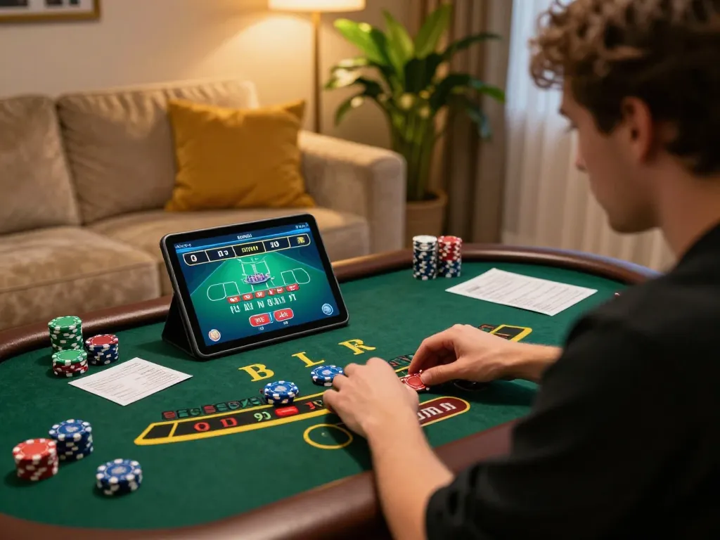 Person engaged in online Blackjack at C168 with tablet and chips on display.