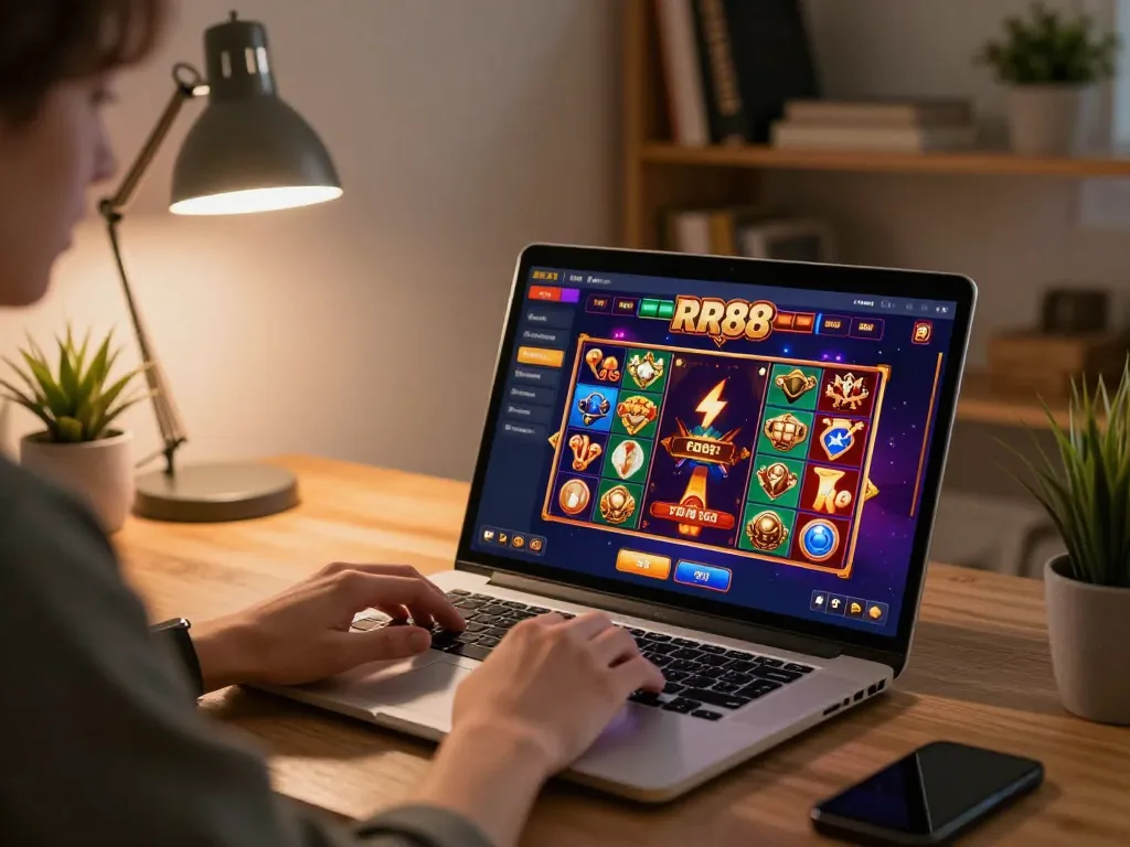 Engaging online casino gameplay on a laptop at home, showcasing RR88 interface and vibrant game graphics.