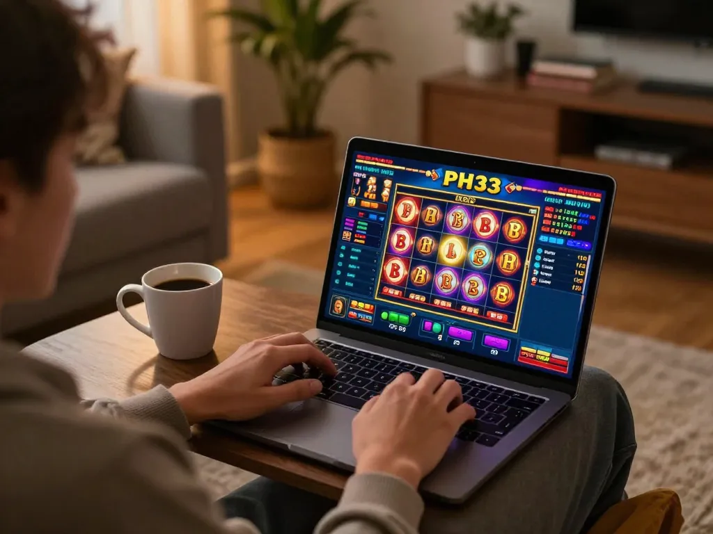 Engaging player enjoying PH33 casino slots on a laptop at home with cozy ambiance.
