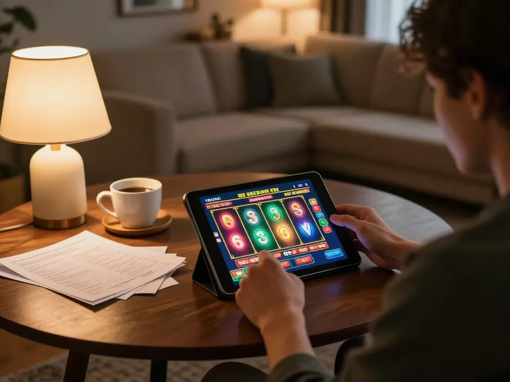 Player using the jun88 app for online slots in a cozy home setup, emphasizing strategic gaming.