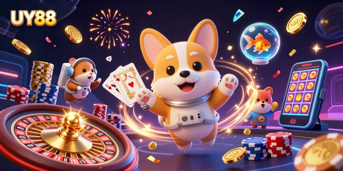 Experience thrilling gameplay at UY88 with a vibrant casino illustration featuring space-themed characters.