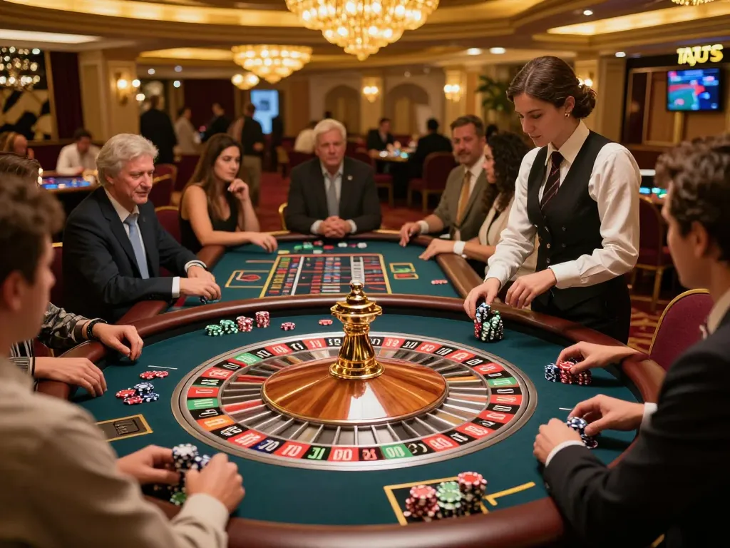 F168 players placing bets at a vibrant roulette table in an elegant casino setting.