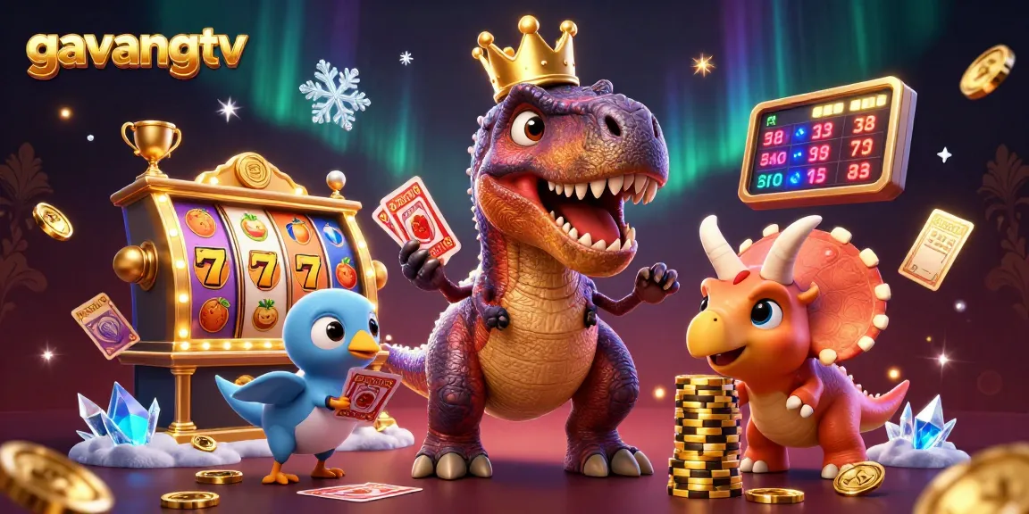 Engage with gavangtv's lively casino scene featuring a T-Rex, pterodactyl, and triceratops in action.