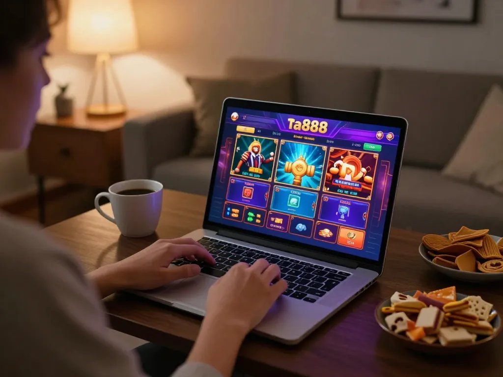 Engaging in ta888 online casino gaming with a stylish home setup, showcasing strategic gameplay