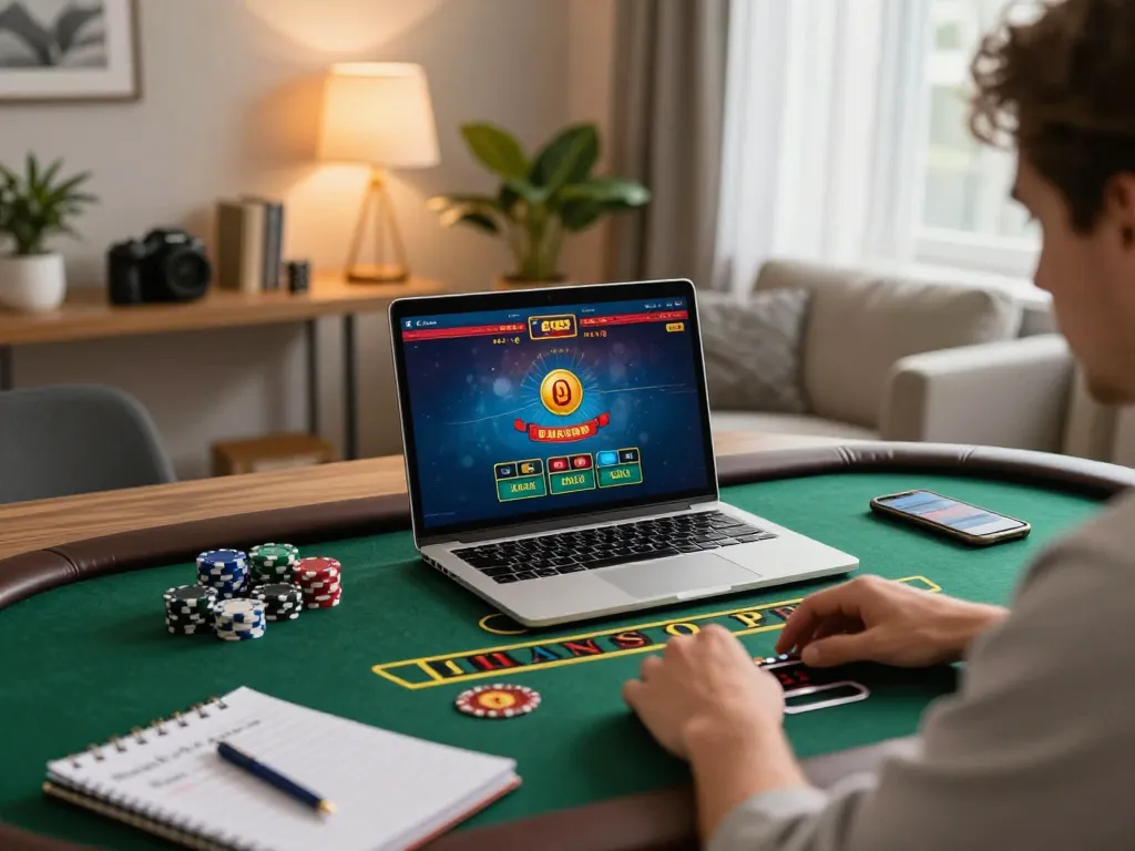 FLY88 gaming at home highlights live baccarat on laptop with poker chips and strategies.